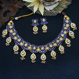 HJ Classic Look Pearl Kundan Multi Color Necklace Set - J-224ml - Multi, Gold Plating