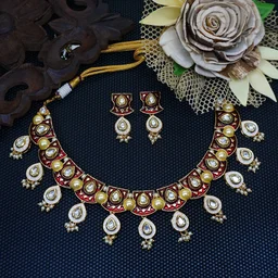 HJ Classic Look Pearl Kundan Multi Color Necklace Set - J-224ml - Multi, Gold Plating