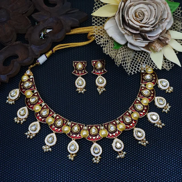 HJ Classic Look Pearl Kundan Multi Color Necklace Set - J-224ml - Multi, Gold Plating