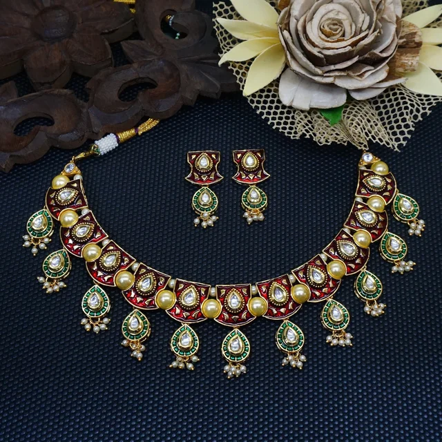 HJ Classic Look Pearl Kundan Multi Color Necklace Set - J-224ml - Multi, Gold Plating