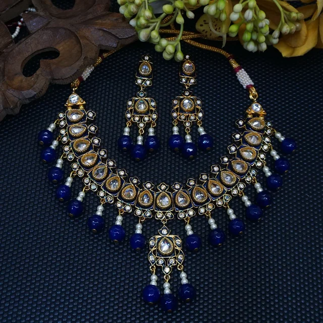 HJ Elegant Designer Polki Meena Blue Necklace Set - J-237bl - Blue, Gold Plating