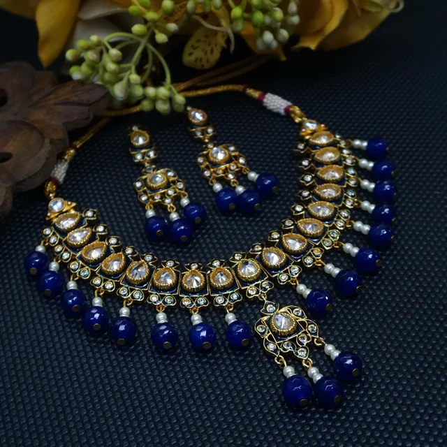 HJ Elegant Designer Polki Meena Blue Necklace Set - J-237bl - Blue, Gold Plating
