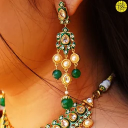 HJ Royal Look Bridal Polki Kundan Green Necklace Set - j-211gr - Green, Gold Plating