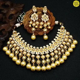 HJ Royal Look Bridal Polki Kundan Green Necklace Set - j-211gr - Green, Gold Plating