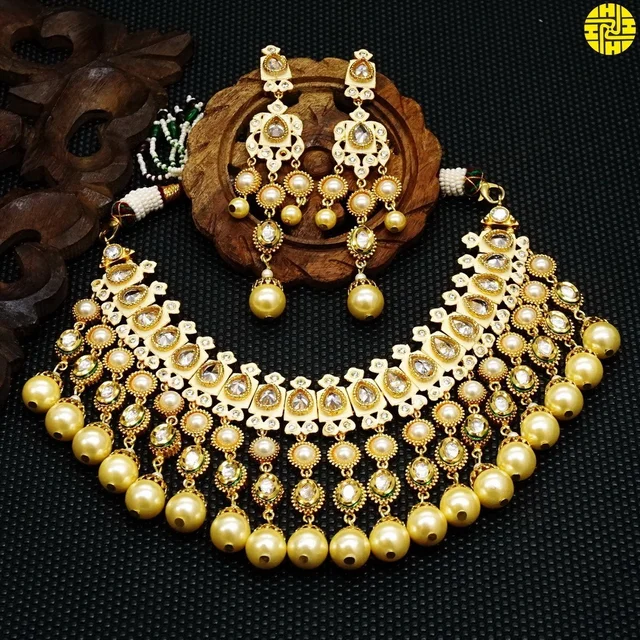 HJ Royal Look Bridal Polki Kundan Ivory Necklace Set - j-211iv - Ivory, Gold Plating