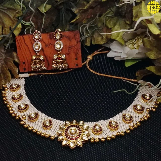 HJ Exclusive Designer Pearl White Necklace Set - N-208a - Maroon, Gold Plating