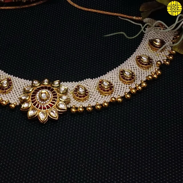 HJ Exclusive Designer Pearl White Necklace Set - N-208a - Maroon, Gold Plating