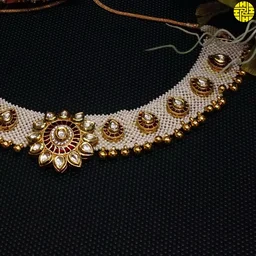 HJ Exclusive Designer Pearl White Necklace Set - N-208a - Maroon, Gold Plating