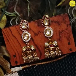 HJ Exclusive Designer Pearl White Necklace Set - N-208a - Maroon, Gold Plating