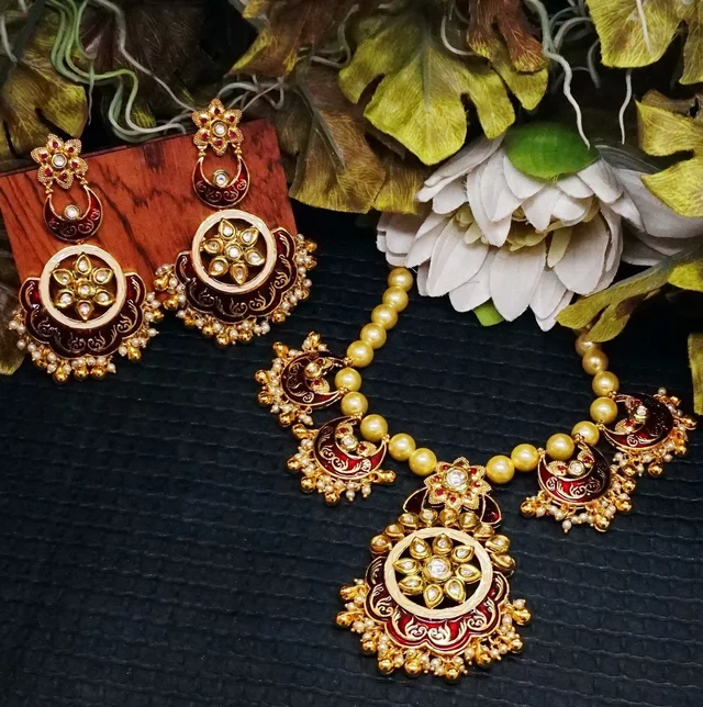 HJ Exclusive Designer Kundan Maroon Necklace Set - h-2152mr - Maroon, Gold Plating