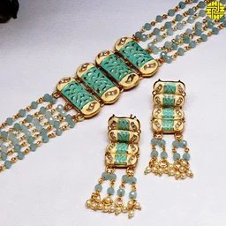 HJ Stylish Mint Green Choker Set - N-211mr - Maroon, Gold Plating