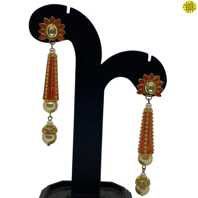 HJ Designer Long Pearl Earrings TE 02 - Orange, Gold Plating