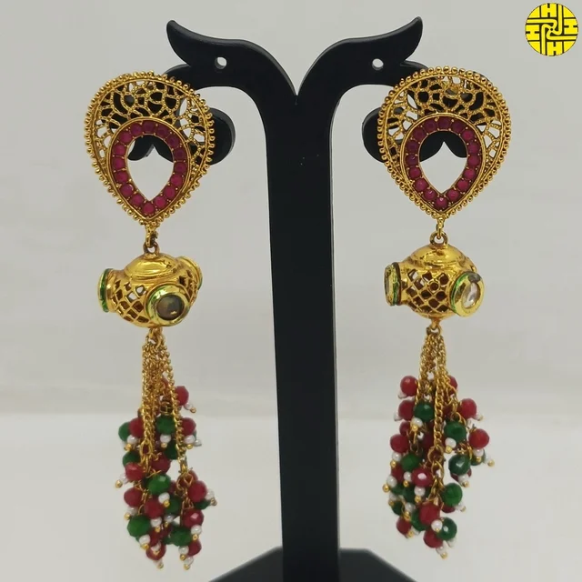 SM Designer Long Pearl Earrings TM-011mlt - Multi, Gold Plating