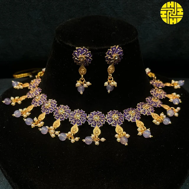 HJ Designer Necklace Set - TMP-013 - Purpel, Antique Raw Finish