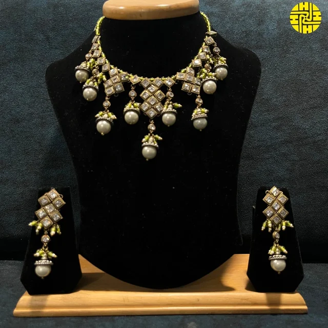 HJ Antique Raw Finish Pearl Necklace Set - TMP-158 - Green, Antique Raw Finish