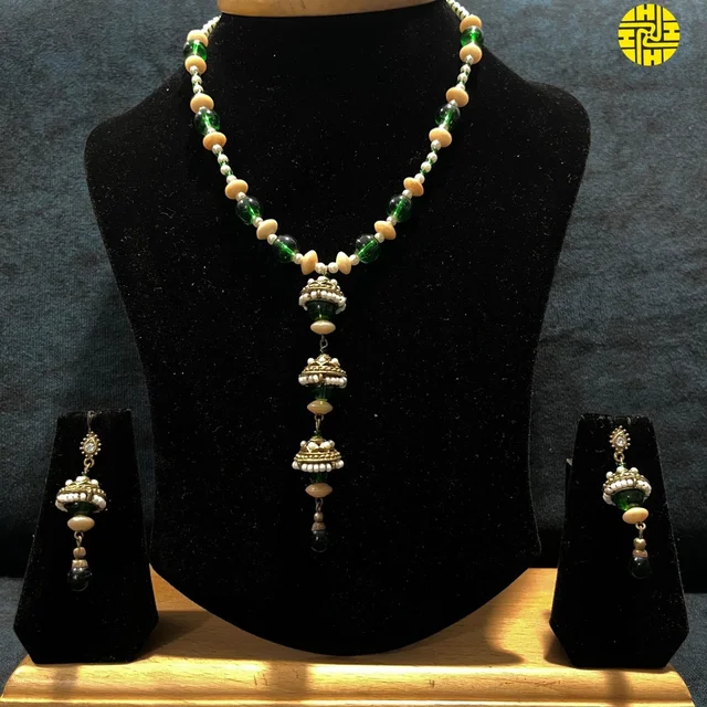 HJ Antique Raw Finish Pearl Pendant Set - Z-82Gn - Green, Antique Raw Finish