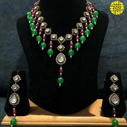 HJ Designer Cz Kundan Antique Look Multi Color Necklace Set - Z-124ml - Multi, Antique Raw Finish