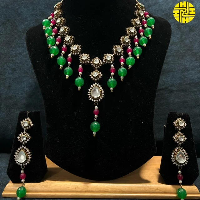 HJ Designer Cz Kundan Antique Look Multi Color Necklace Set - Z-124ml - Multi, Antique Raw Finish