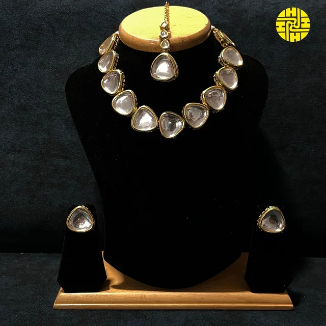 SM Rich Looking Polki Kundan Necklace Set - shn-051 - white, Gold Plating