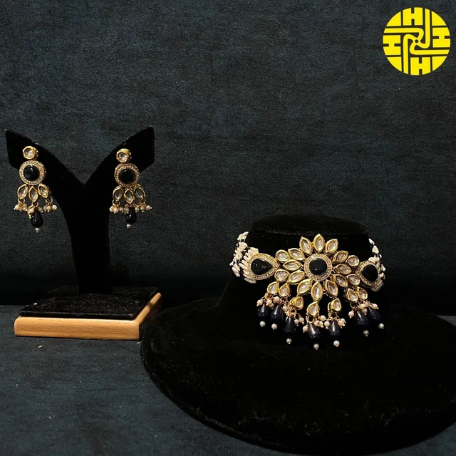 SM Royal Blue Kundan Choker Set - shn-058a - Blue, Gold Plating