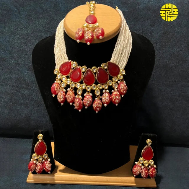 SM Royal Looking Polki Kundan Ruby Choker Set - shn-052a - Maroon, Gold Plating