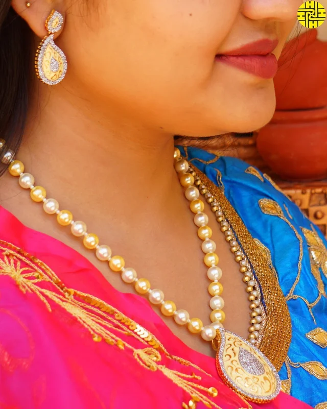 HJ Classic Designer Pearl With Meena Work Pendant Set - F-219 - Pearl Ivory, Gold Plating