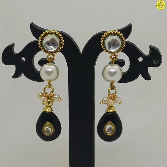 HJ Designer Long Pearl Earrings Y-23bk - Black, Gold Plating