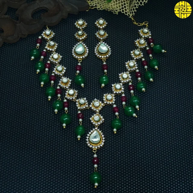 HJ Designer Cz Kundan Antique Look Multi Color Necklace Set - Z-124ml - Multi, Antique Raw Finish