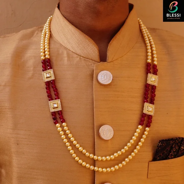 blessi Kundan And Pearl Two Line Groom Mala - Bl-001 - Ruby Ivory, gold plating