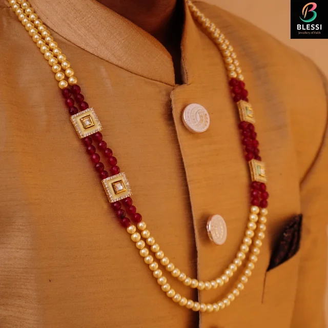 blessi Kundan And Pearl Two Line Groom Mala - Bl-001 - Ruby Ivory, gold plating