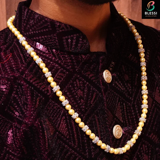blessi Simple Look One Line Cz Pearl Mala - Bl-002a - Ivory, gold plating