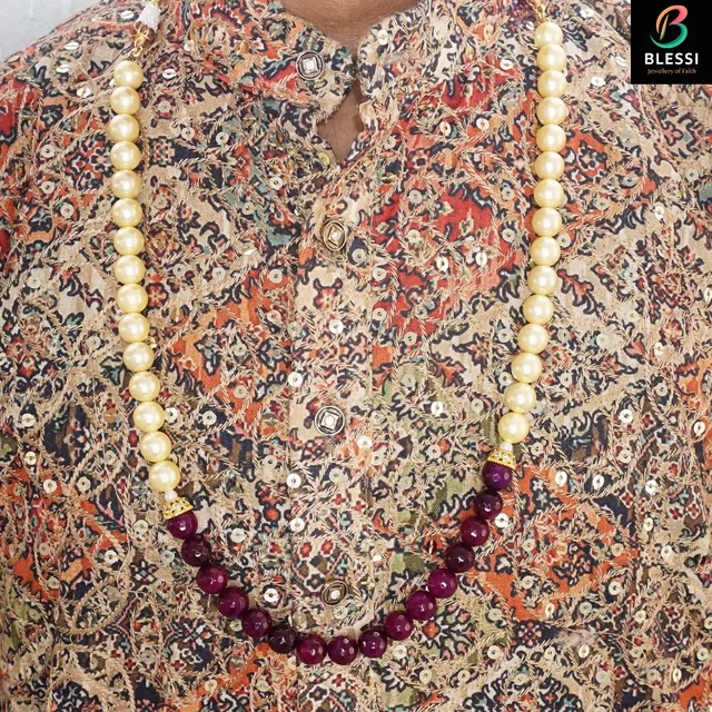 blessi Color Beads And Pearl One Line Groom Mala Bl-003 - Maroon Ivory, gold plating