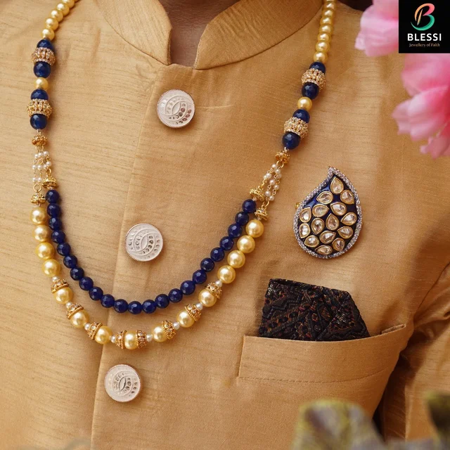 blessi Blue And Ivory Pearl Premium Mala For Grooms - Bl-004 - Blue Ivory, gold plating