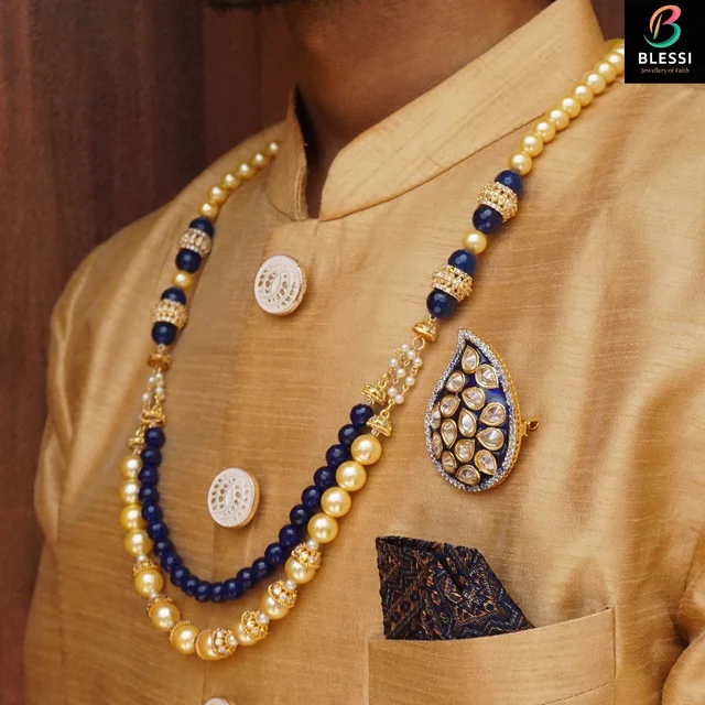 blessi Blue And Ivory Pearl Premium Mala For Grooms - Bl-004 - Blue Ivory, gold plating