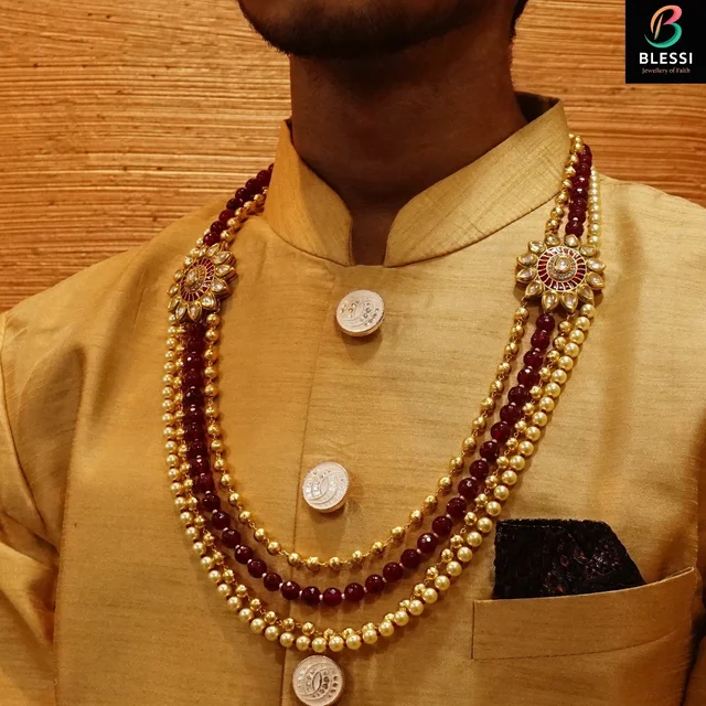blessi Wedding Look Pearl Two Line Groom Mala - BM 006A - Maroon, gold plating