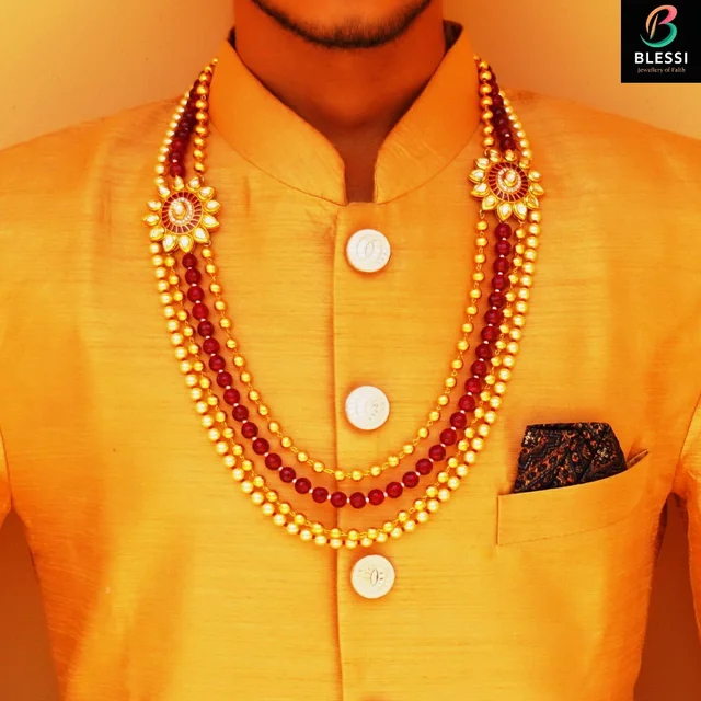blessi Wedding Look Pearl Two Line Groom Mala - BM 006A - Maroon, gold plating