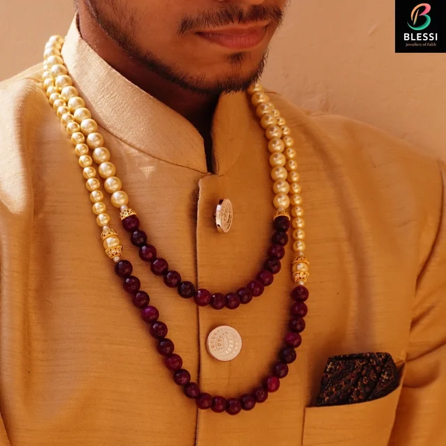 blessi Groom's Glory In Imitation Splendore Two line pearl mala - BL-008A - Maroon, gold plating