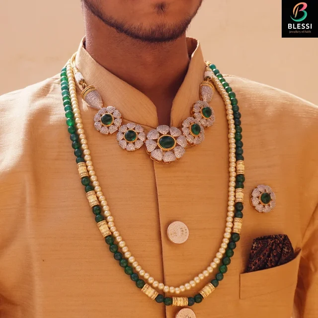 Blessi Royal Look Two line pearl mala - BL-009A - Green, Two Tone plating