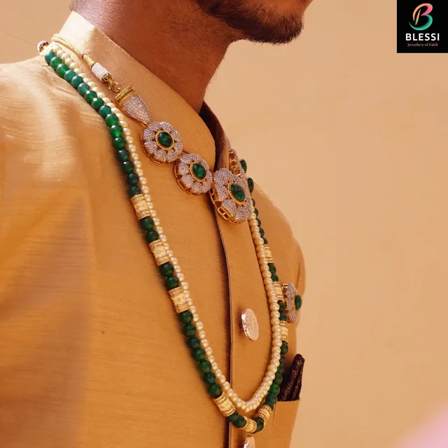 Blessi Royal Look Two line pearl mala - BL-009A - Green, Two Tone plating