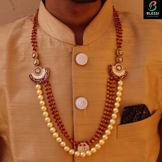 blessi Wedding Look Unique pearl mala - BL-010A - Maroon, gold plating