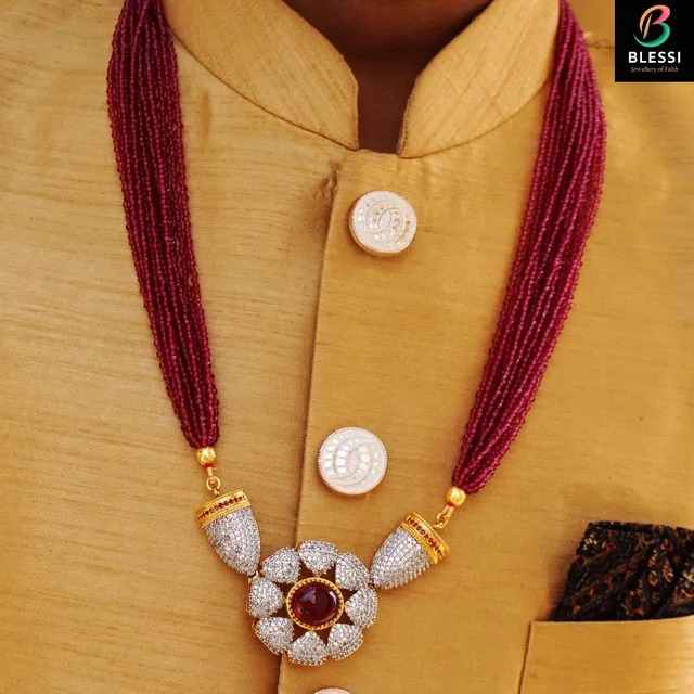blessi Royal Look Cz Znd Ruby Stone With Beads Mala For Groom - Bl-011a - Ruby, Two Tone Plating