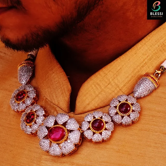 blessi Royal Look Cz Znd Ruby Stone With Beads Mala For Groom - Bl-012a - Ruby, Two Tone Plating