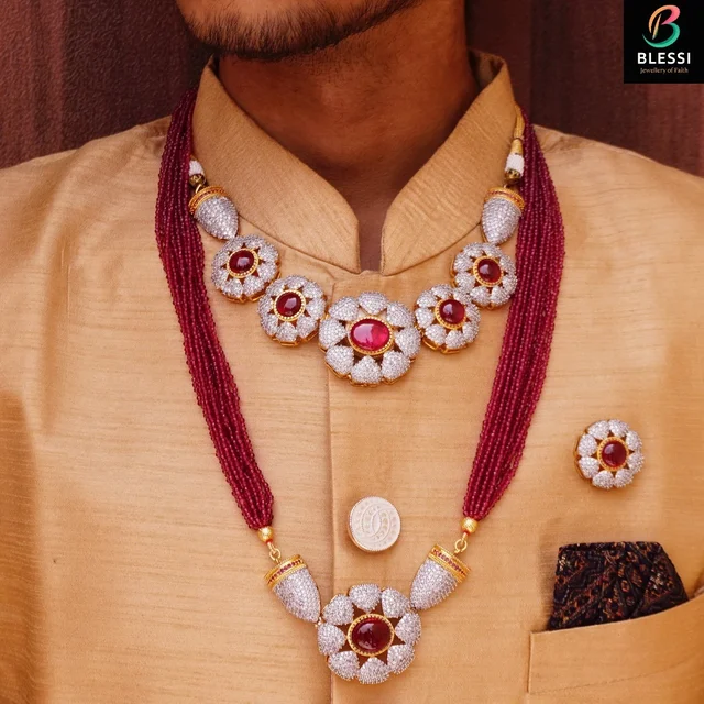 Blessi Royal Look Cz and Ruby Stone With Beads Mala For Groom - Bl-013a - Ruby, Two Tone Plating