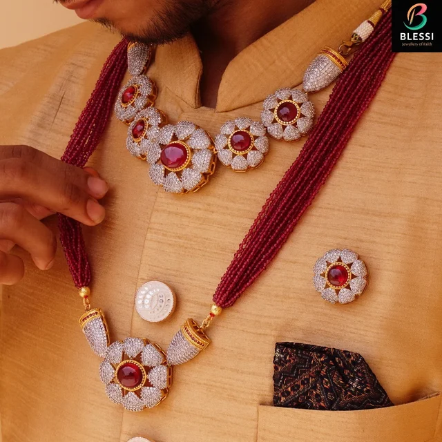 Blessi Royal Look Cz and Ruby Stone With Beads Mala For Groom - Bl-013a - Ruby, Two Tone Plating