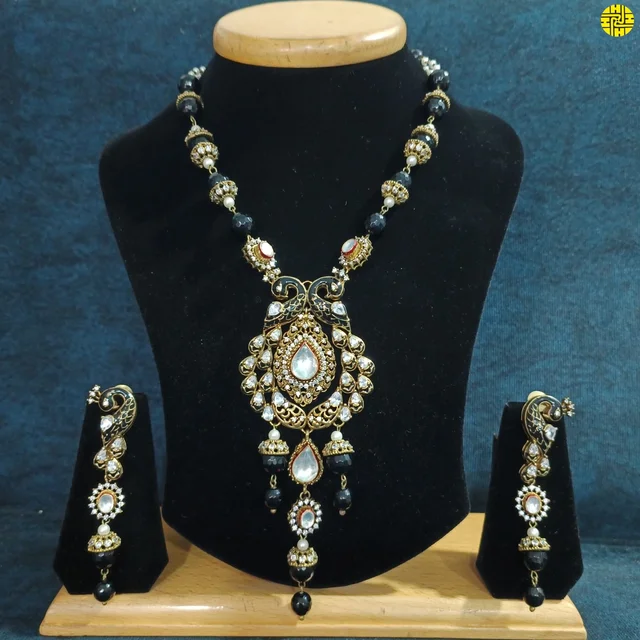 HJ Designer Black Peacock Antique Raw Finish Pendant Set -D-231bk - Black, Antique Raw Finish