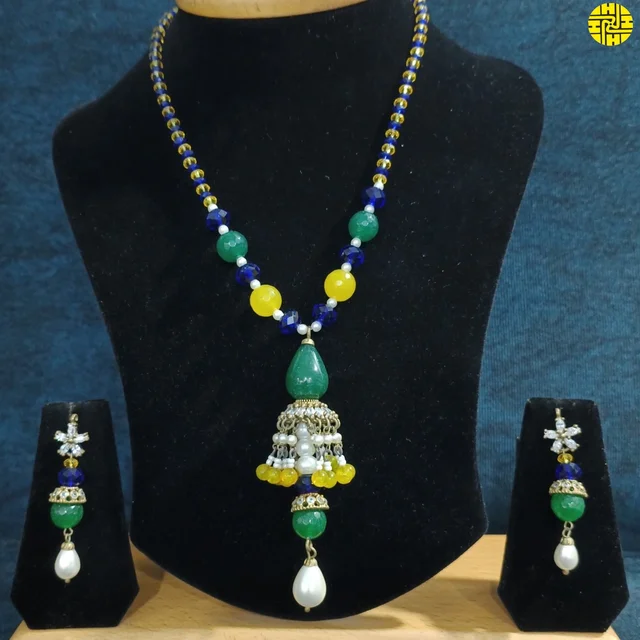 HJ Designer Antique Raw Finish Multi Color Pendant Set -D-233ryb - Ruby, Antique Raw Finish