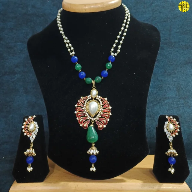HJ Stylish Antique Raw Finish Pearl Meenakari Pendant Set - D-239gnb - Multi, Antique Raw Finish