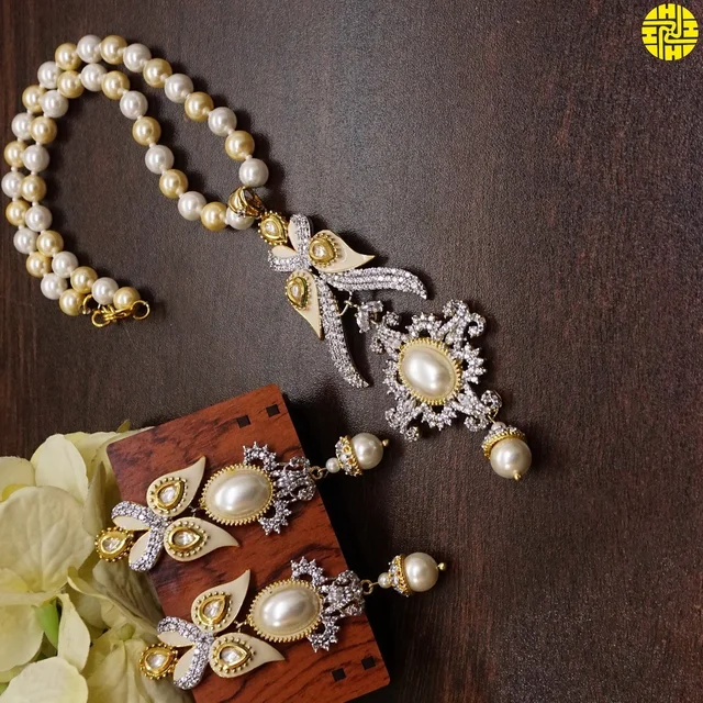 HJ Exquisite Designer Long Pearl Pendant Set - F-220 - Pearl Ivory, Two Tone Plating
