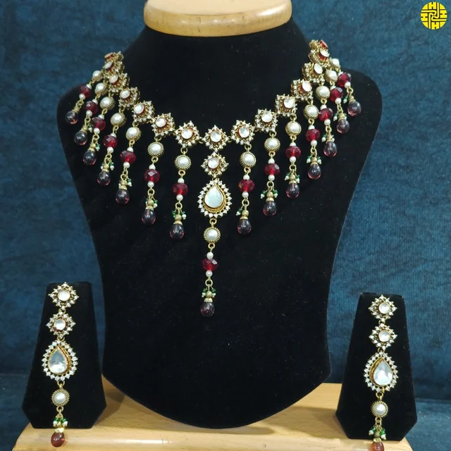 HJ Vintage Look Antique Raw Finish Kundan CZ Necklace Set - H-214mn - Maroon, Antique Raw Finish