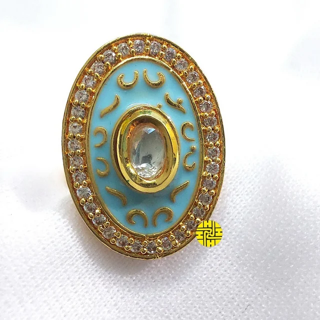 HJ Designer Ring - Hjr-007a - Aqua, Gold Plating
